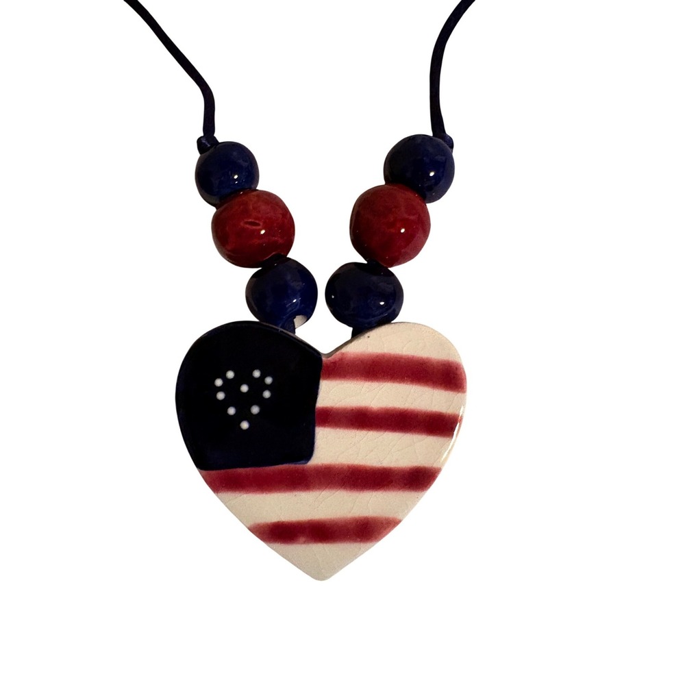 Patriotic American Flag‎ Ceramic Heart Pendant Necklace Red White Blue Beads